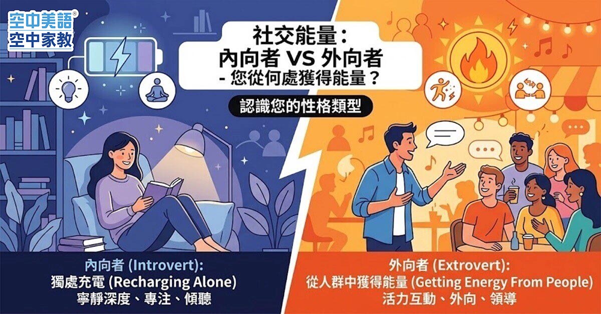 覺得社交好累，還是越聊越嗨？一探「內向與外向」的社交能量，順便把實用英文學起來！